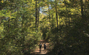 Oklahoma is home to huge hiking networks. Here, a duo hikes through a trail in Oklahoma.