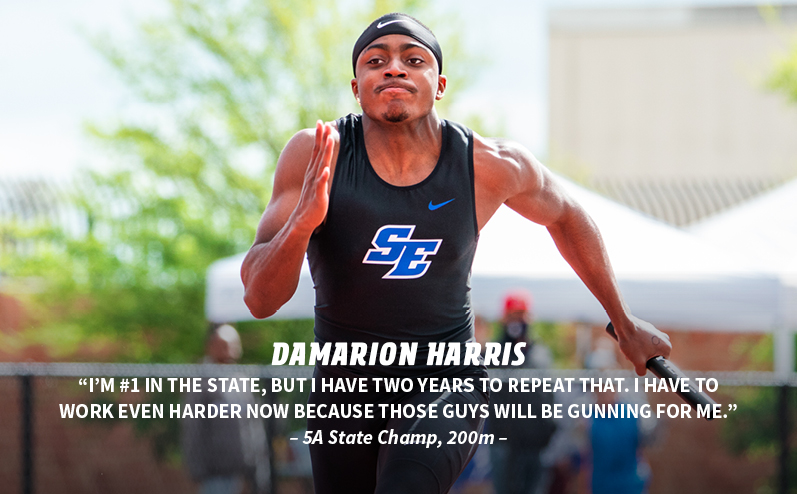 Fields & Futures Track & Field State Champions blog post story image of 5A 200m state champ DaMarion Harris from Southeast High School