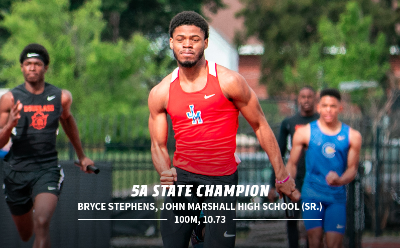 Fields & Futures Track & Field State Champions blog post story image of 5A 100m state champ Bryce Stephens from John Marshall High School