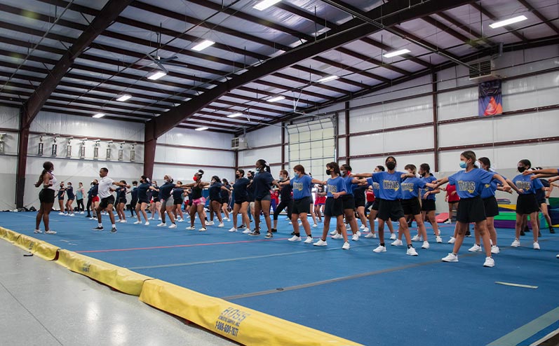 Fields & Futures blog 2021 OKCPS Cheer Clinic Wrap-Up story image of cheer clinic participants practicing a dance routine